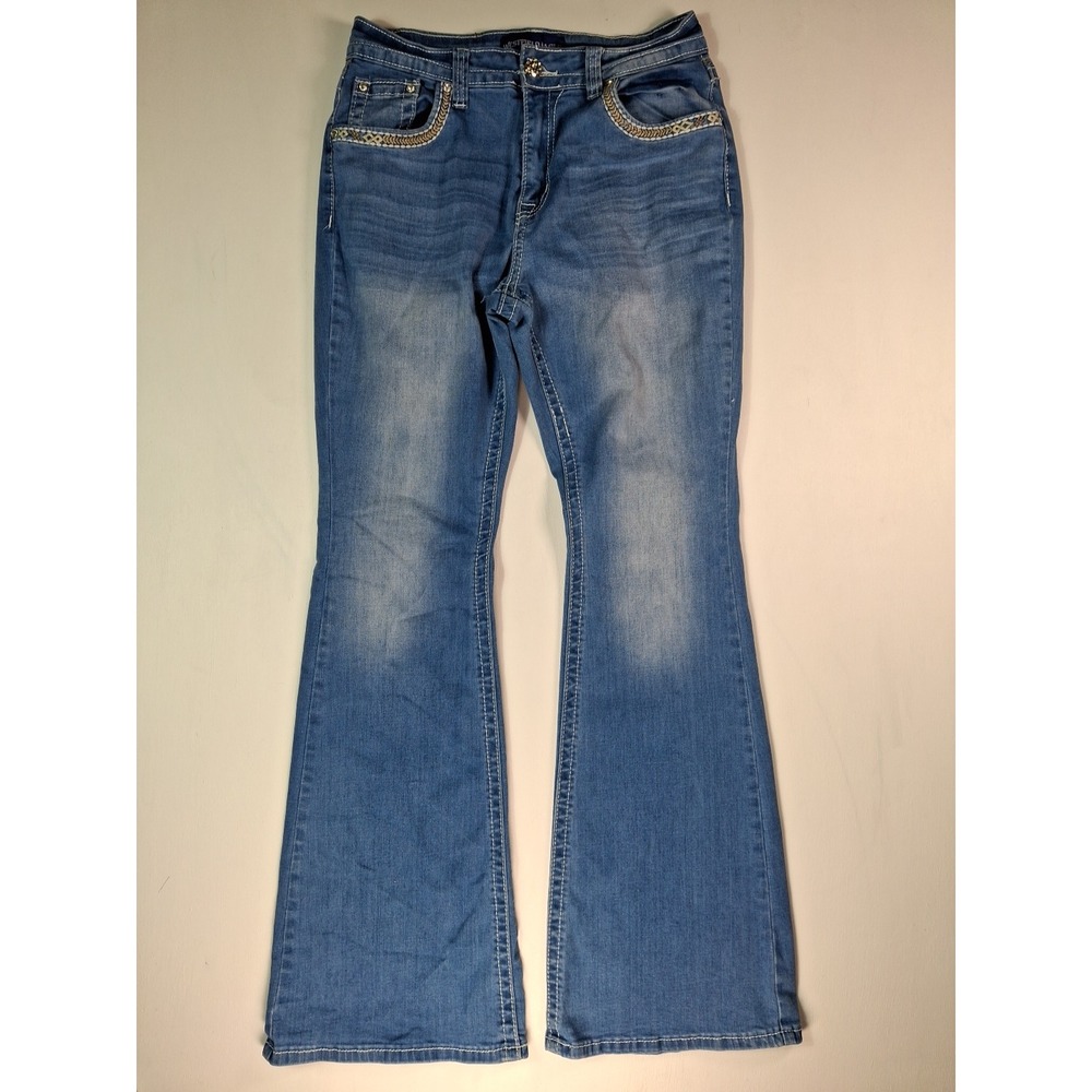 Westfield Eagle Womens Flare Jeans Blue Embroidered Cross Pockets Size 13 Y2K
